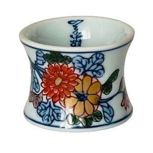 One Blue White Red Floral Porcelain Napkin Ring Holder Signed in Japanese